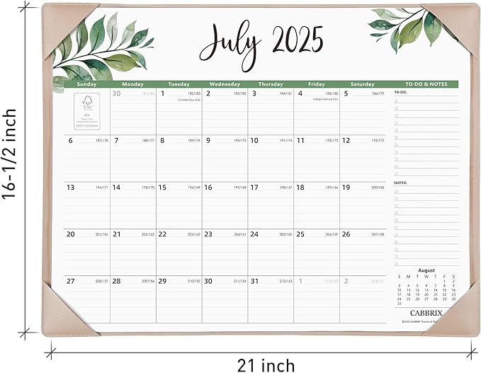 Large Desk Calendar 2025-2026 with Desktop Mat, Cabbrix Desk Pad Calendar 22 x 17 Inch Runs From July 2025 to December 2026 for Home Office and School, Leaf