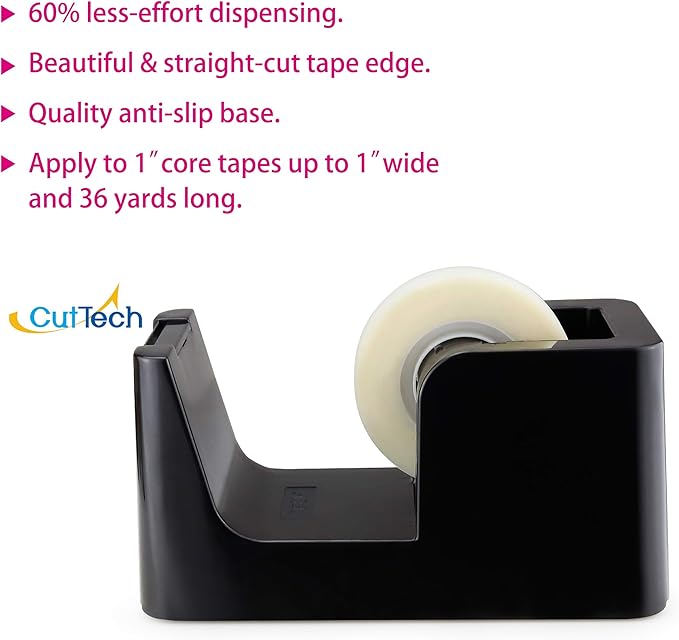 ABEL SimpleWork Desktop Tape Dispenser, Black, 1 in Core, Non-Skid Weighted Base, Tape Cutter for Office, Home, School, and Crafts