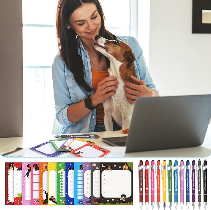 Geyee 24 Pcs Dachshund Sticky Notes with Funny Pens Fun Notepads for Adults Dog Lover 3 x 4 Inch to Do List Notepads with Sayings Pen for Christmas Lab Week Gifts Home Office Supplies
