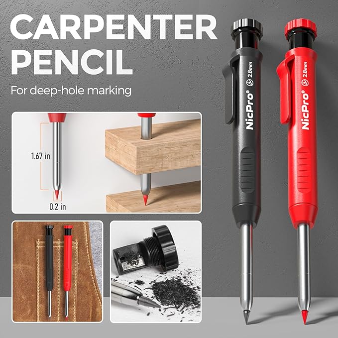 Nicpro 2 Pack CP1000 Carpenter Pencil with Sharpener, Mechanical Carpenter Pencils with 26 Refills, Deep Hole Long Nib Marker Pens for Construction, Heavy Duty Woodworking Pencil for Architect Marking