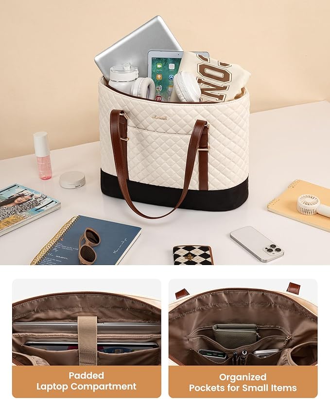 LOVEVOOK Laptop Bag for Women, Work Tote Computer Bag With Large Cup Holder, Lightweight Large Laptop Briefcase, Beige-Brown-Black, 17.3 Inch