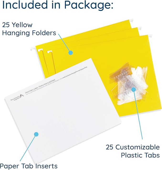 Blue Summit Supplies Hanging File Folders, 25 Reinforced Hang Folders, Designed for Home and Office Color Coded File Organization, Letter Size, Yellow, 25 Pack