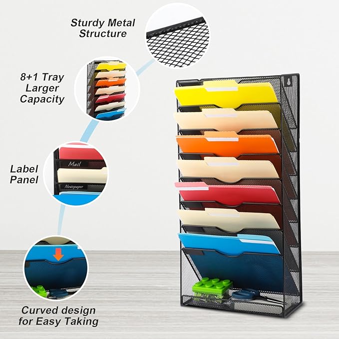 EASEPRES Desk File Organizer Mesh 9-Tier, Hanging Wall Mount Document Organization Stand, Desktop Vertical Mail Paper Folder Holder Rack with Bottom Tray for Office Home Cubicle Countertop, Black