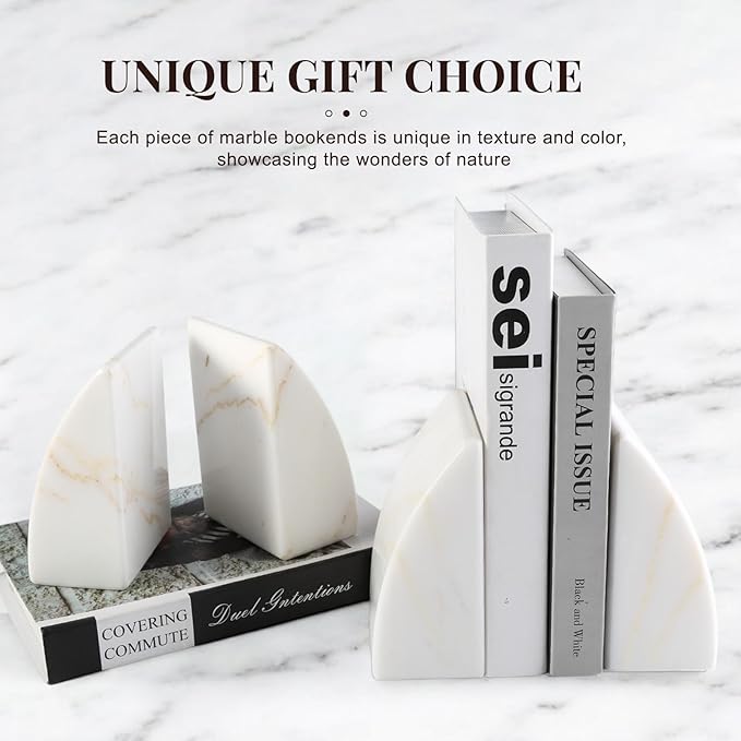 Koville Marble Bookends for Shelves, Large Bookends for Heavy Books, Natural Stone Book Stopper for Books CD Movies, Aesthetic Decorative Book Ends (Golden Calacatta)