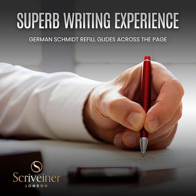 Scriveiner Deep Crimson Red Rollerball - Stunning Red Lacquer Luxury Pen with Chrome Finish, Schmidt Ink Refills, Roller Ball Pen Gift Set for Men & Women, Professional, Executive, Office, Nice Pens