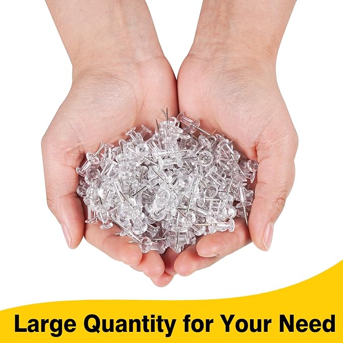 800 PCS Clear Push Pins, Standard Thumb Tacks for Bulletin Board, Steel Point and Clear Plastic Head, Pin Tacks for Wall Cork Board Maps Photos Calendar Hangings, Office School Supplies
