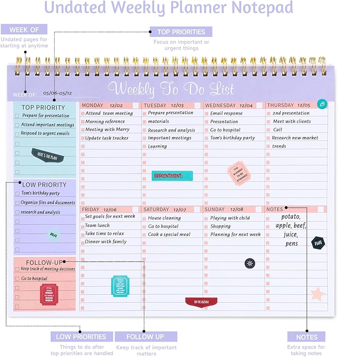Weekly To Do List Notepad with 52 Undated Sheets, 8.5"×11" Weekly Desk Planner Undated Weekly Planner with Spiral Bound for Women & Man Home School and Work, Purple