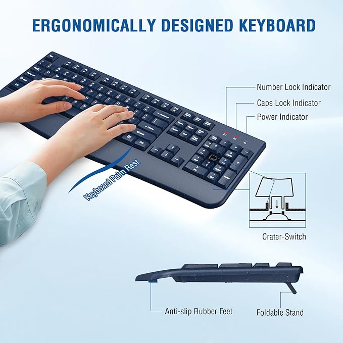 Wireless Keyboard and Mouse Combo, Full-Sized 2.4GHz Wireless Keyboard with Comfortable Palm Rest and Optical Mouse for Windows, Mac OS PC/Desktops/Computer/Laptops (Starry Blue)
