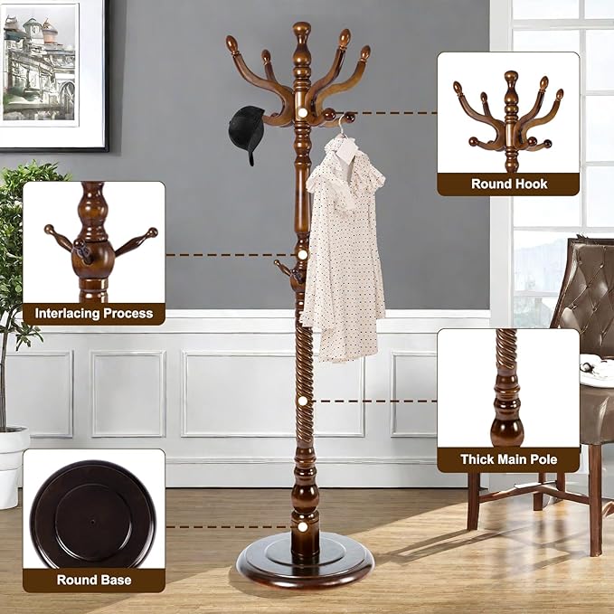 Solid Wood Coat Stand, Freestanding with Stable Base, 70" Birch Coat Tree Organizer for Home, Bedroom, Office, Hallway & Entryway with 11 Hooks