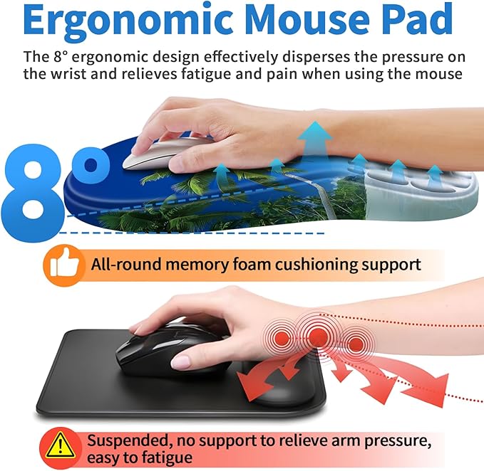 YIWEI Ergonomic Mouse Pad with Wrist Rest Support, Mousepad with Comfortable Memory Foam Wrist Rest and Non-Slip PU Base for Pain Relief, Computer, Laptop, Office, Home (Beach-3)