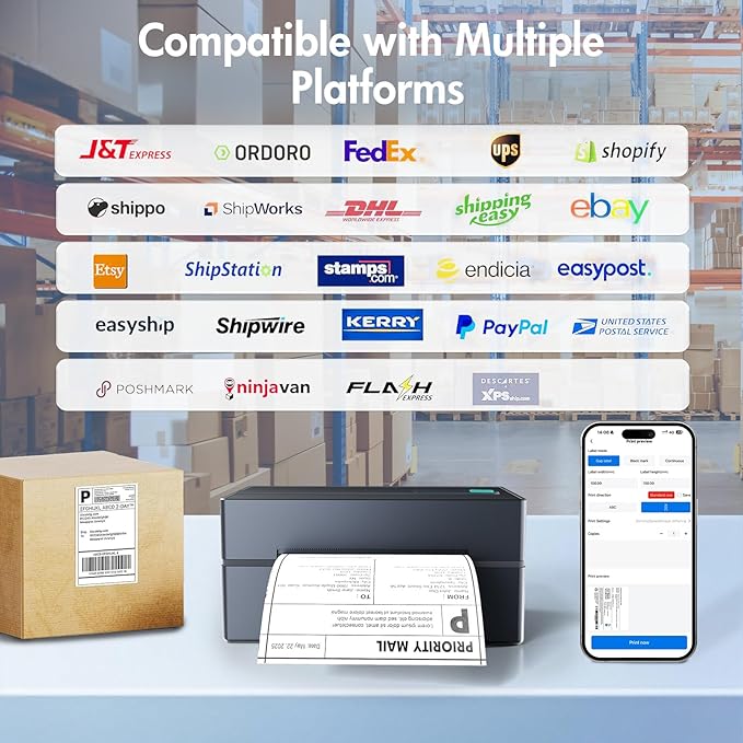 Bluetooth Thermal Shipping Label Printer: 4x6 Wireless Label Maker with Tape for Small Business - Compatible with iPhone, Android, Windows & Mac, Widely Used for USPS UPS Ebay Amazon Shopify Etsy