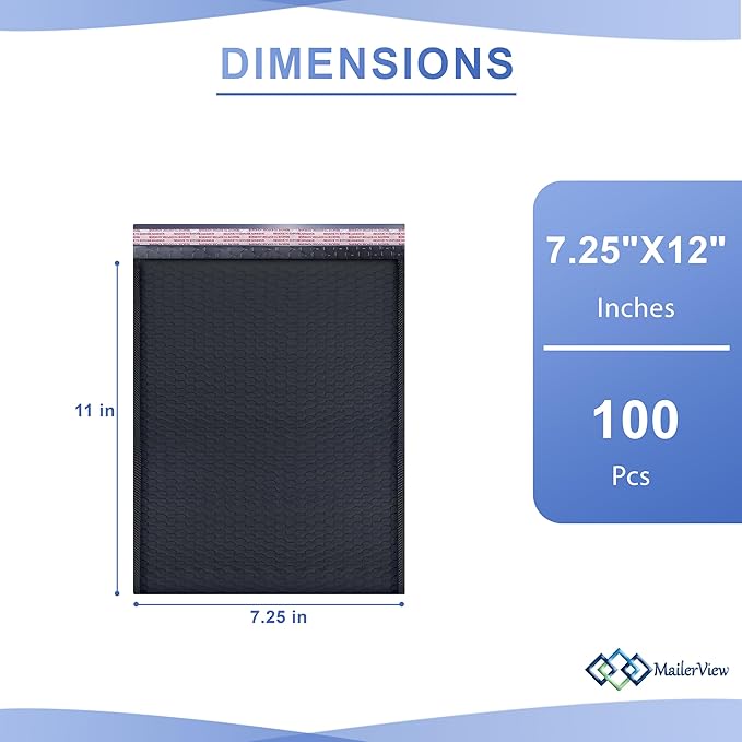 Black Poly Bubble Mailers 7.25x12 inch #1 | Self Seal Padded Envelopes | Cushioned Bubble Mailer | Usable Size 7.25x11 | WaterProof | Lightweight mailing Shipping Bags | 100 Pack Bulk | Made in USA