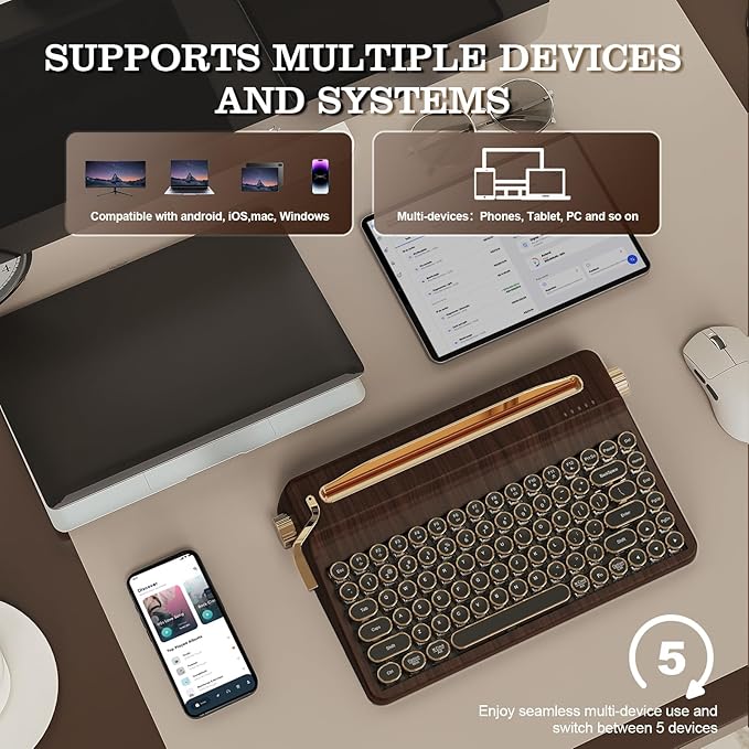 YUNZII QL75 Wireless Typewriter Hot Swap Retro Mechanical Keyboard,Punk Round Keycaps,RGB Backlit QMK/VIA Programmable, Multi-Device Keyboard with 2.4GHz/Type-C/BT5.0 (Wood, Cocoa Cream V2 Switch)