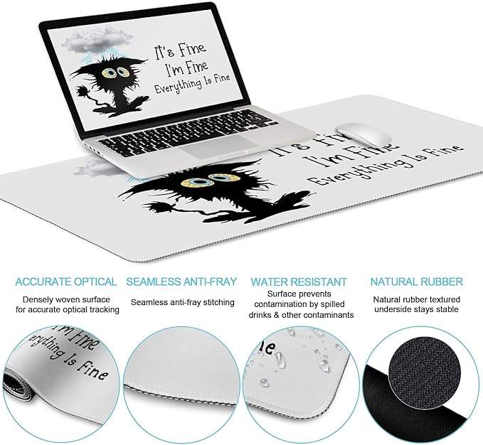 Desk Mat Set, Large Gaming Mouse Pad with Wrist Rest, Ergonomic Mouse Pad Keyboard Mat Wrist Support, Cup Coaster, Home Office Desk Accessories Decor Supplies, Funny Black Cat
