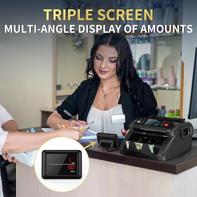 PONNOR N70 Mixed Denomination Money Counter Machine, Value Counting, Cash Counter with Three Displays, UV/MG/IR/MT Counterfeit Detection for Money Counting, Printer Enabled Bill Counter for Business