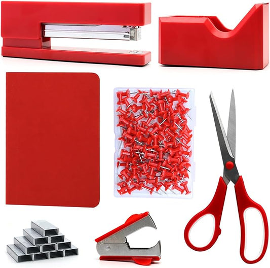 Red Office Supplies,UPIHO Red Desk Accessories,Stapler and Tape Dispenser Set for Women with Stapler,Tape Dispenser,Staple Remover,Staples,Push Pins,Scissor and Pocket Notebook,Gift for Office Clerks