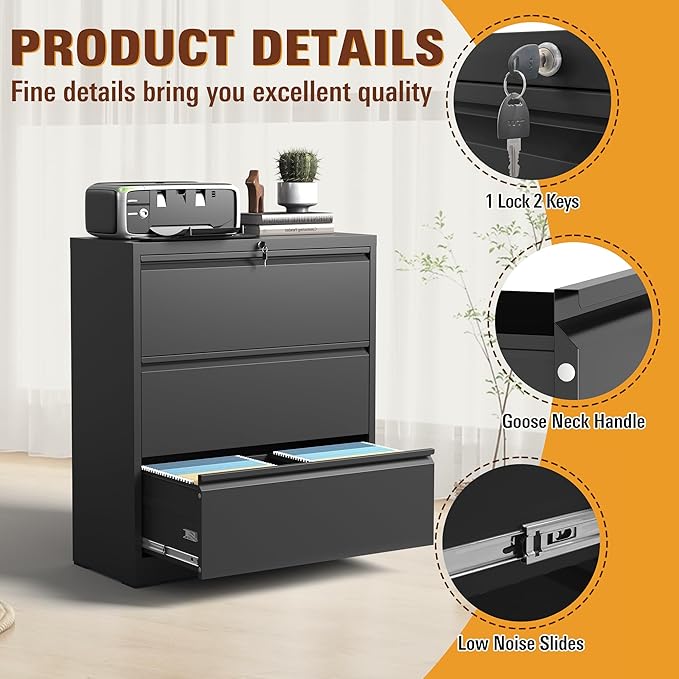 3-Drawer Lateral File Cabinet with Lock, Black Metal Filing Cabinet for Office or Home – Secure Storage for Letter/Legal/A4/F4 Documents, Easy to Assemble Locking File Organizer (Black, 3 Drawer-40"H)