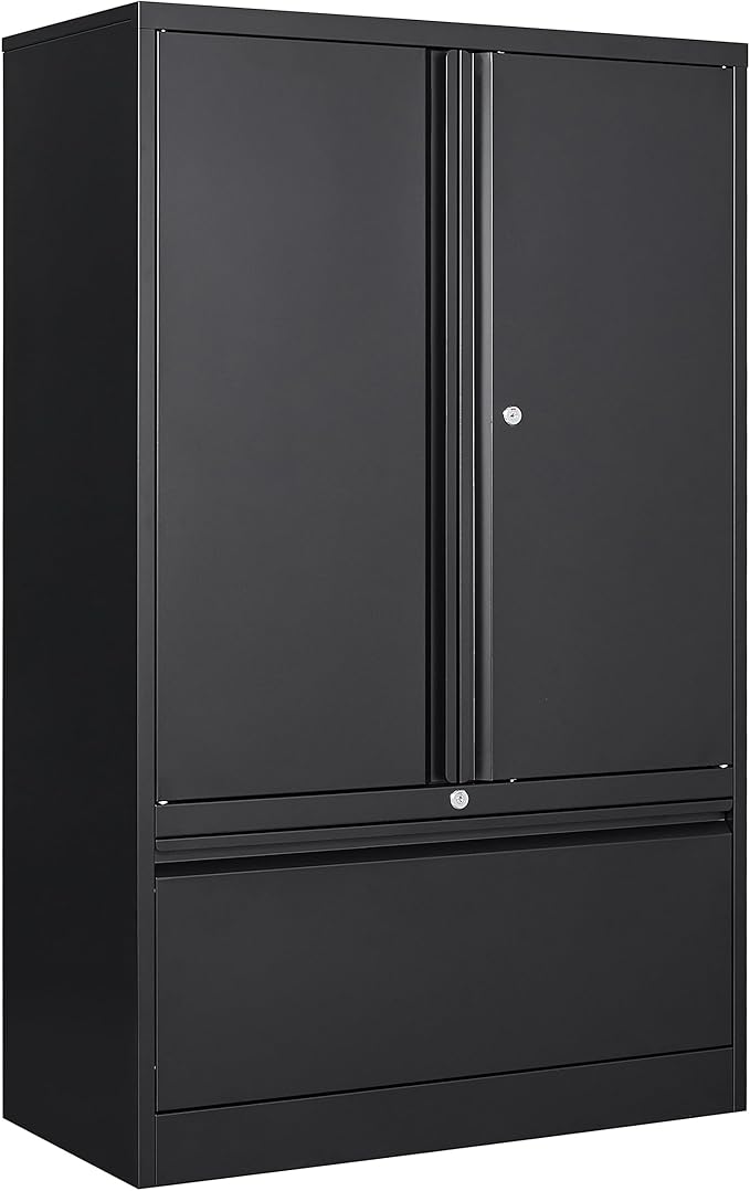 SISESOL Black Lateral File Cabinet with Lock,51" Locking Filing Cabinet with Doors and Shelves,Metal Storage Cabinets with Drawer for Home,Office,Garage,School,Fit A4/Letter/Legal File (1 Drawer)