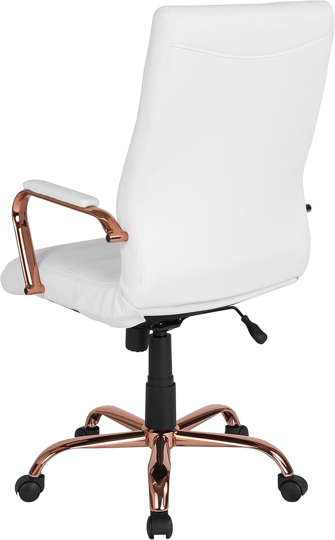 Flash Furniture Whitney High-Back Swivel LeatherSoft Desk Chair with Padded Seat and Armrests, Adjustable Height Padded LeatherSoft Office Chair, White/Rose Gold