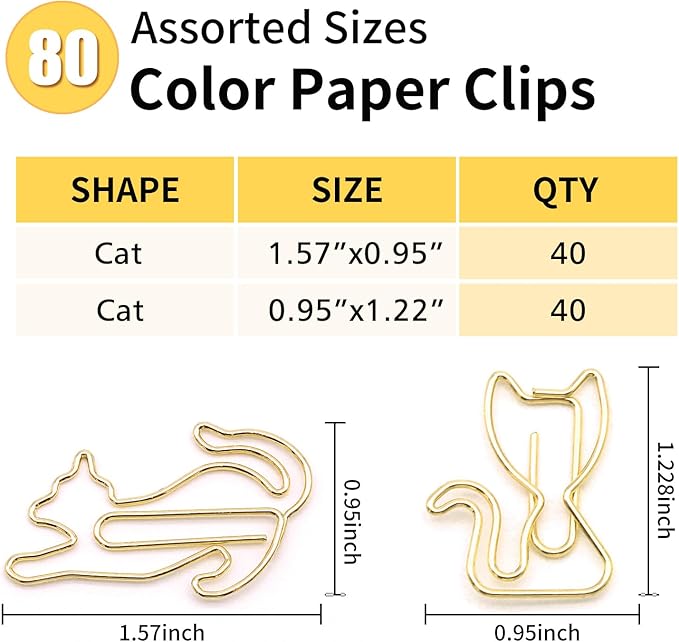 80 Pcs Gold Cat Creative Metal Paper Clips - Fun Office Supplies for Cat Lovers (Gold Catg)