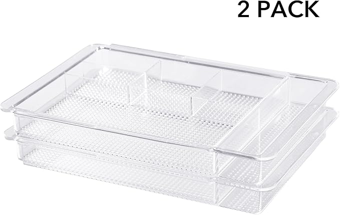 Oubonun Expandable Drawer Organizer 11.1” to 19.2” Width, Shallow Cosmetic Organizer 1.3” Height, 2 Packs, Clear Plastic Storage Trays for Dressing Table,Bathroom