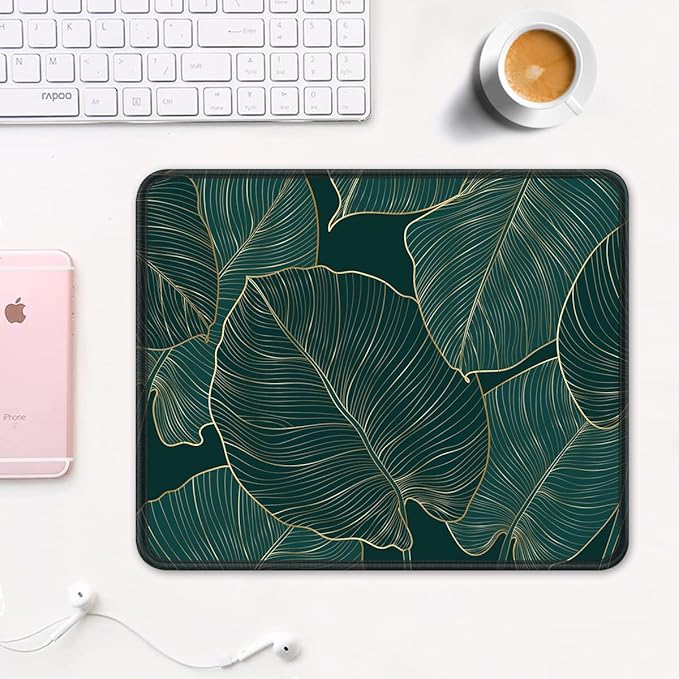 Auhoahsil Mouse Pad, 12 x 10 in Tropics Theme Computer Mouse Pad for Desk, Premium-Textured Non-Slip Rubber Stitched Edges Waterproof Square Mouse Mat for Gaming Work Wireless Mice, Green Leaves