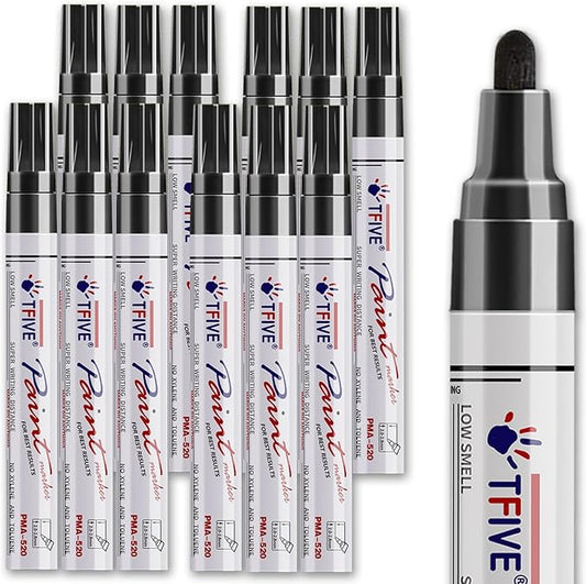 Black Paint Pens Markers - 12 Pack Oil Based Permanent Marker, Medium Tip, Never Fade, Quick Dry, Waterproof Paint Pen for Rocks Painting, Wood, Fabric, Plastic, Canvas, Glass, Metal