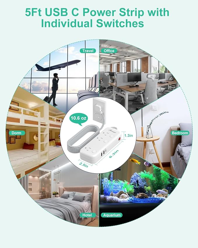 Individual Switch Power Strip Surge Protector with 6 Outlets 3 USB(17W USB C), 5Ft Braided Cord Ultra Thin Flat Plug, 13A Wall Mount Extension Cord with Circuit Breaker for Travel Home Office Dorm