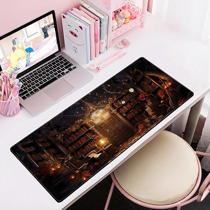 Vintage Desk Pad Magical Bookshelf Desk Mat Extra Large Big Office Mouse Pad Gaming with Stitched Edges Large Mousepad Home Office Gaming Work Computers Laptop Desk Accessories 31.5x11.8in