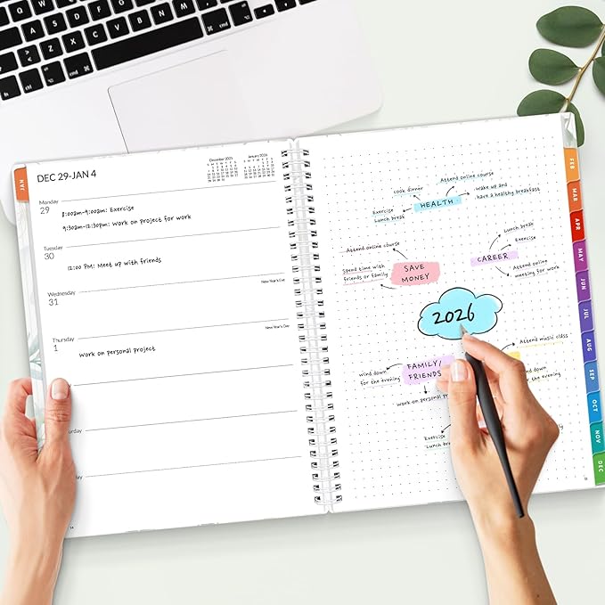 SUNEE 2026 Weekly and Monthly Planner - January 2026-December 2026, 8.5"x11" Half Weekly Half Note, Daily Agenda Planner with PVC Waterproof Cover, Monthly Tab, Note, Pockets, Bookmark, Leaf