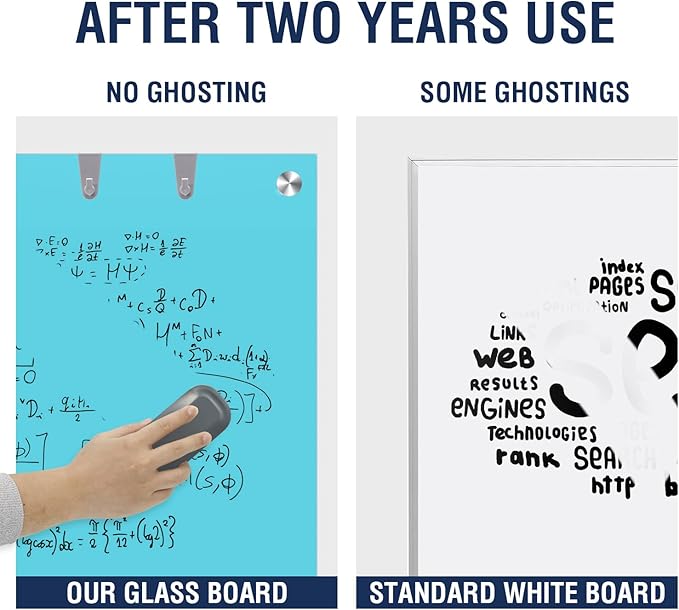 TSJ OFFICE Glass Dry-Erase Board - 48 x 36 Inches Wall Mounted Magnetic Whiteboard, Large Frameless Glass White Board for Office, Home & School, Blue