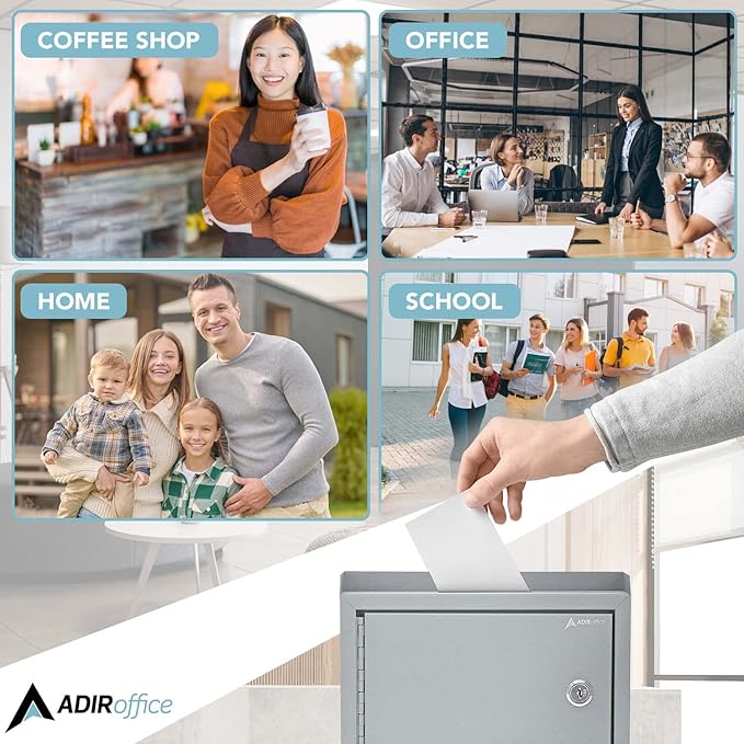 Adir Suggestion Box with Slot and Lock - Money Drop Box with Lock, Cash Dropbox - 9.8x7.5x3.4 Inches Wall Mount Donation Box - Metal Deposit Box in Gray