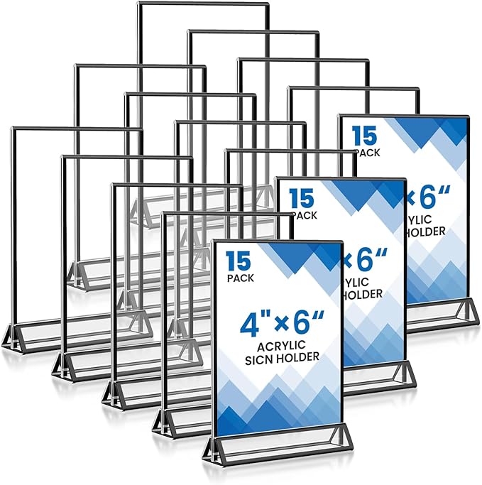 15 Pack Acrylic Sign Holder 4x6, Wedding Black Frame Table Number Holders Vertical, Clear Picture Frames Flyer Stands Tables Menu Holder, Double Photo Paper Display Holder for Party, Home, Office