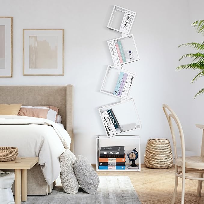 67-Inch 5-Tier Floating Bookshelf – Staggered Geometric Design, Freestanding Metal Storage & Display Rack for Home & Office (White)