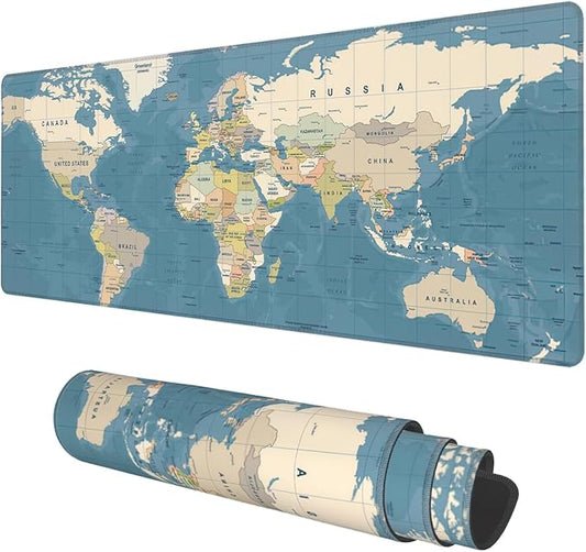 Desk Mat, Blue Vintage World Map Extended Gaming Mouse Pad Large, 31.5"x11.8" Big Mouse Pad with Non-Slip Base and Stitched Edge, Long Computer Keyboard Mouse Mat for Home Office Work