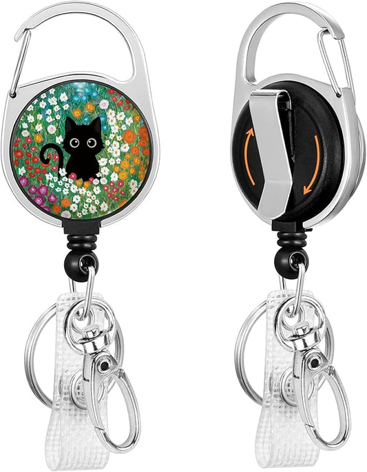 Gctriki Flower Cat Badge Reel Retractable with 360° Swivel Carabiner Clip, Fun Work ID Badge Holder Retractable Clip, Students Nurse Teacher ID Card Holder Cute Women Keychain Accessories Office Gift