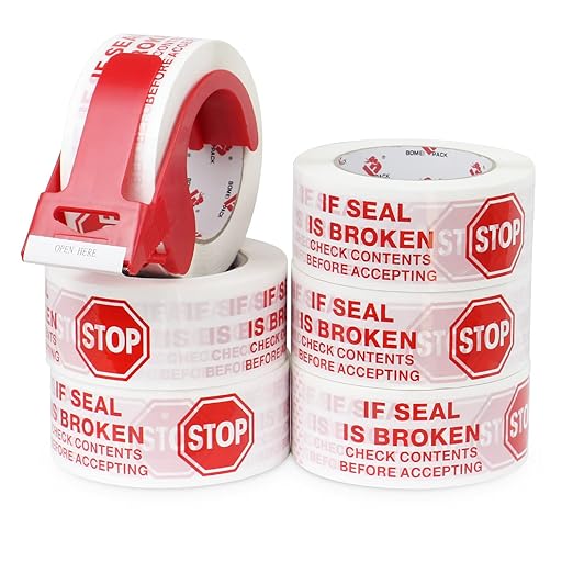 Stop Sign Sealing Tape Pre-Printed IF Seal is Broken,Check Contents Before Accepting,Heavy Duty Packing Tape with Dispenser 2 Inch x 110 Yards,Packaging Tape for Moving and Shipping (White)