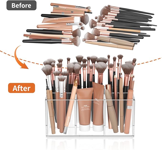 HIIMIEI Clear Makeup Brush Holder Organizer Acrylic 6-Slots Cosmetic Brushes Storage Organizer for Vanity Countertop