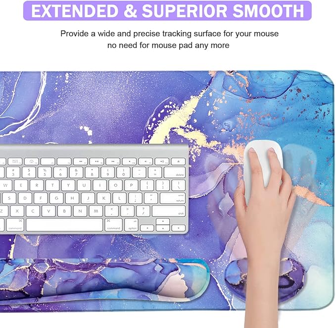 Large Mouse Pad and Keyboard Wrist Rest, Desk Pad for Keyboard and Mouse, 4-in-1 Large Gaming Mouse Pad with Wrist Support - Purple Marble