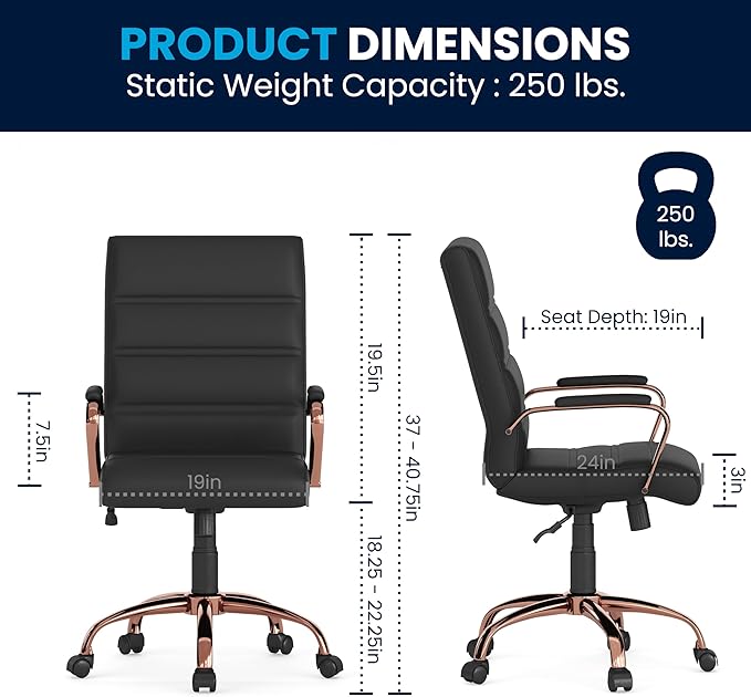 Flash Furniture Whitney Mid-Back Swivel LeatherSoft Desk Chair with Padded Seat and Armrests, Adjustable Height Padded LeatherSoft Office Chair, Black/Rose Gold