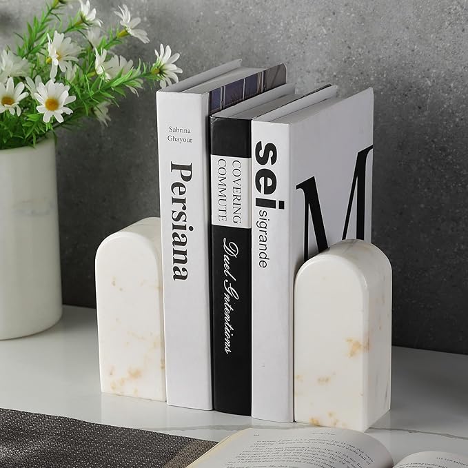 Koville Natural Marble Bookends for Shelves, Decorative Book Ends, 7lbs Heavy-Duty Marble Book Holders, Bookshelf Apartment Decor for Normal Books/CD/Video Games Calacatta