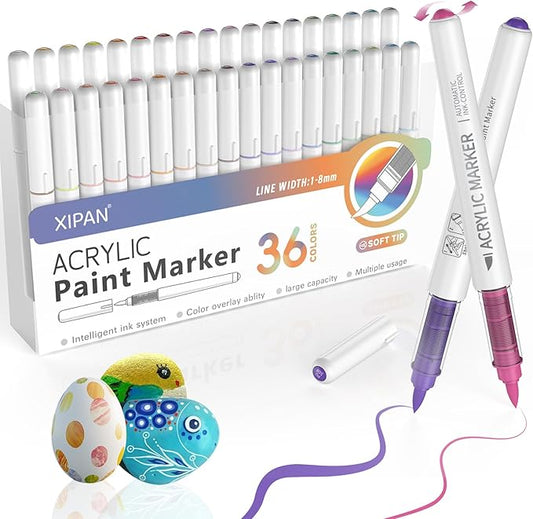 36 Colors Acrylic Paint Markers Brush Tip, Water-Based Paint Pens with Automatic Ink Control for Arts & Crafts, School, Classroom, Works on Paper, Metal, Wood, Ceramic, Glass, Rock, Canvas