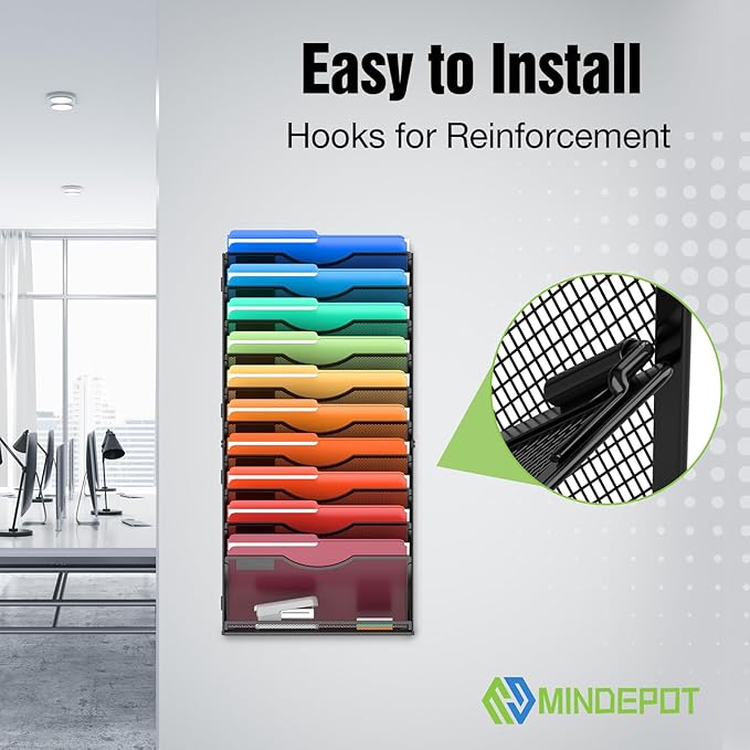 11 Tier Wall File Holder Hanging Wall Mount Paper File Organizer for Mails Folders Document Magazine Organization, for Office School Home, Black