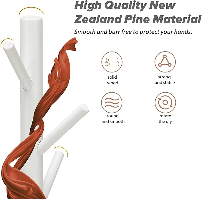 Wooden Coat Rack, Free Standing Coat Rack with 8 Hooks 3 Adjustable Heights for Clothes, Hats, Handbags, Coat Tree Easy Assembly for Entryway, Bedroom, Hallway, Office (New White)