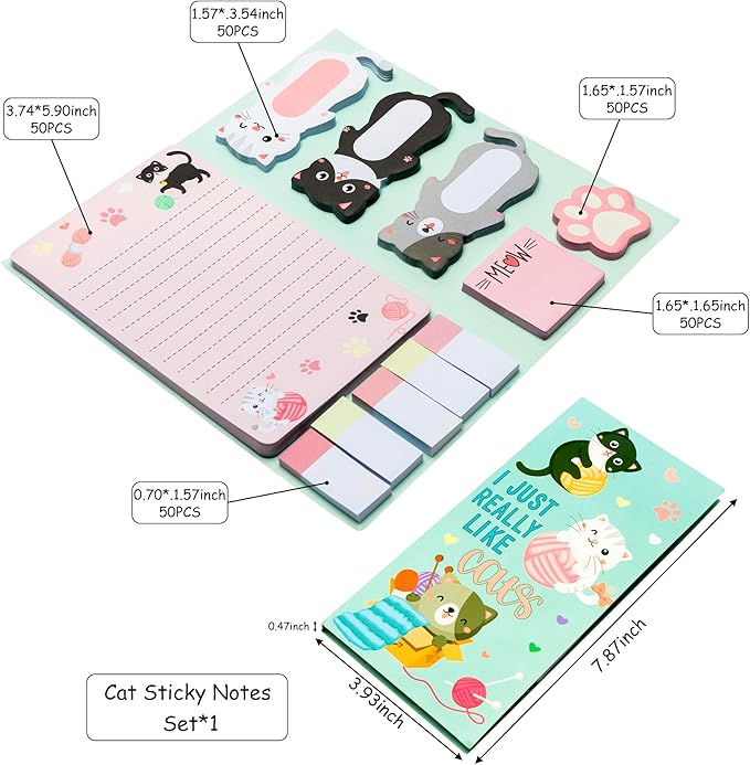 Xqumoi I Just Really Like Cat Sticky Notes Set, 550 Sheets, Cute Cat and Paw Shaped Self-Stick Notes Pads Animal Divider Tabs Bundle Writing Memo Pads Back to School Office Supplies Small Gift