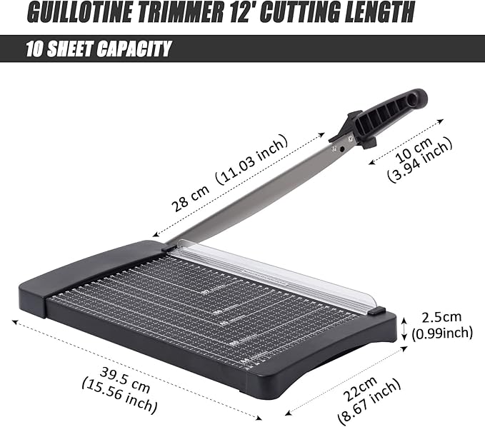 TIANSE Paper Trimmer Paper Cutter Guillotine with Safety Blade Lock 12” 8 to 12 Sheet Capacity Heavy Duty Metal Base A4 Paper Cutting Board for Home Office School
