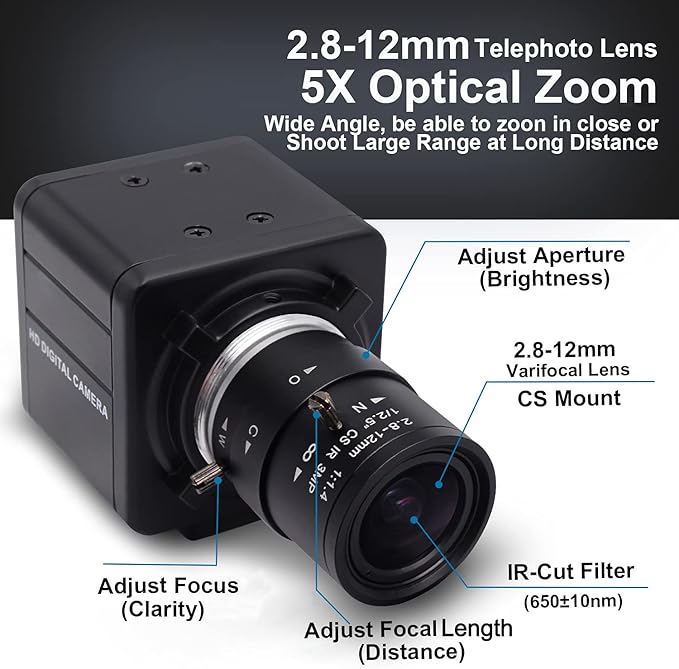 SVPRO 2.8-12mm Manual Zoom Lens 1080P Full HD Webcam Wide Angle Portable PC Computer USB Camera for Streaming with CMOS OV2710 Sensor for Windows,Android,Linux, MAC OS,1/4 Inches Screw Mount