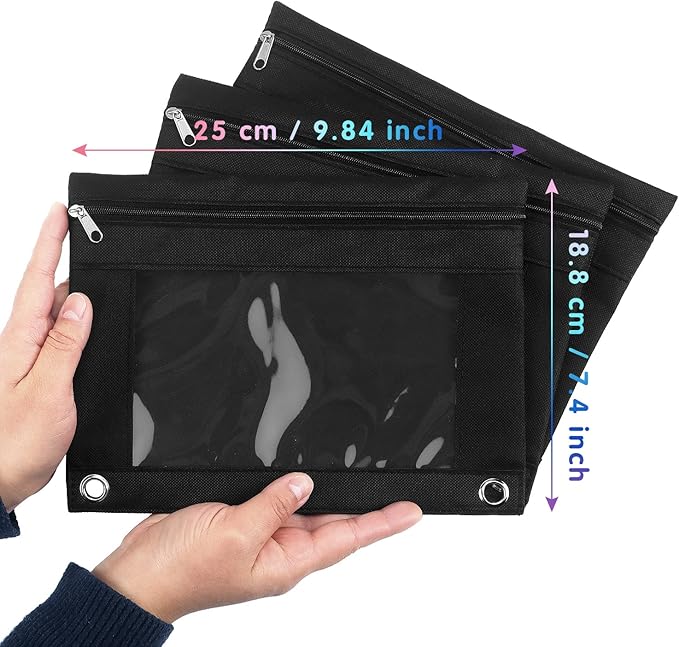 Tamaki 3 Ring Binder Pencil Pouch, Clear Window Pencil Case, Black, 3 Pack