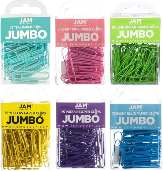 JAM PAPER Colorful Jumbo Paper Clips - Large 2 Inch Paperclips - Spring Assortment - 6 Packs of 75
