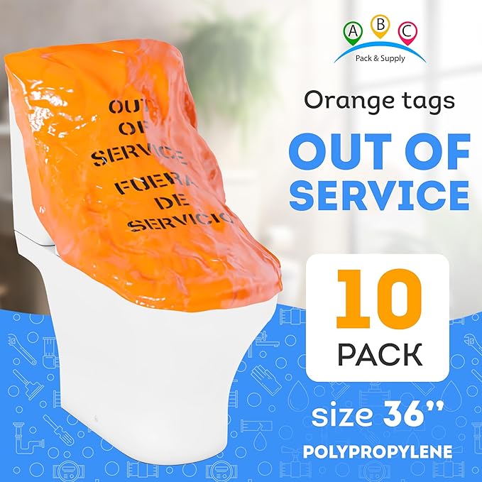 ABC Orange Out of Service Tags, 36 Inches. Pack of 10 Polypropylene Restroom Out of Order Signs with English and Spanish Print. Multipurpose Highly Visible Out of Service Sign with Elastic Band